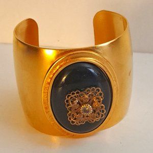 Vintage Jill Jacobson Cuff Bracelet With Onyx Stone and Filigreed Flower
